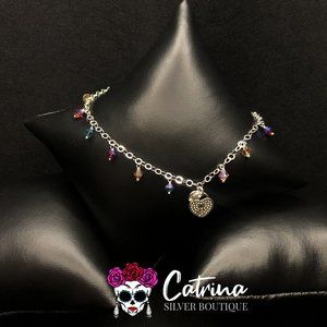925 Sterling Silver Heart Lock & Crystals Anklet
